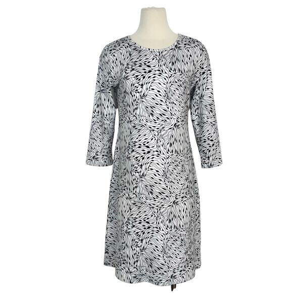 Jean-Pierre Klifa Daphne 3/4 Sleeve Dress White Black Abstract Print M - Picture 1 of 8